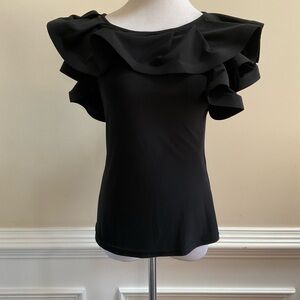 Joseph Ribkoff Black Ruffle Neckline Short Sleeve Stretch Top Blouse Shirt 8